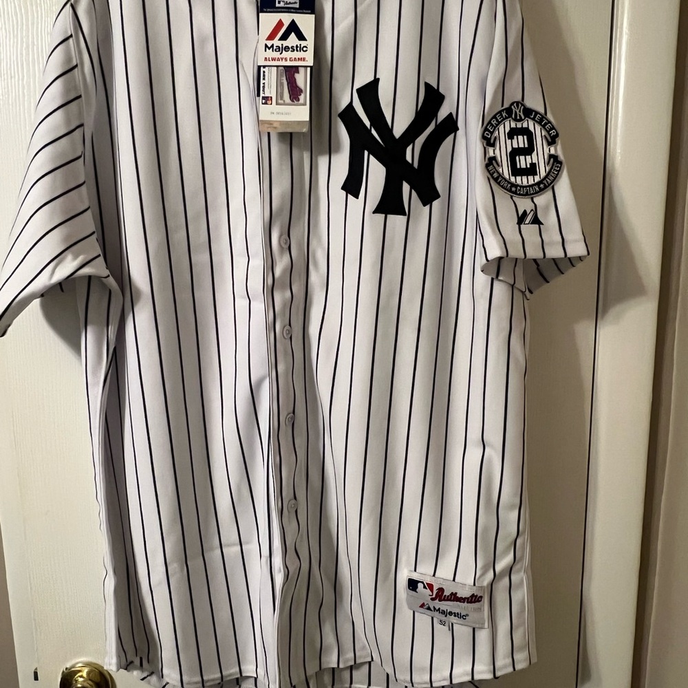 Majestic White and Black Pinstripe NY Yankees Jeter Jersey